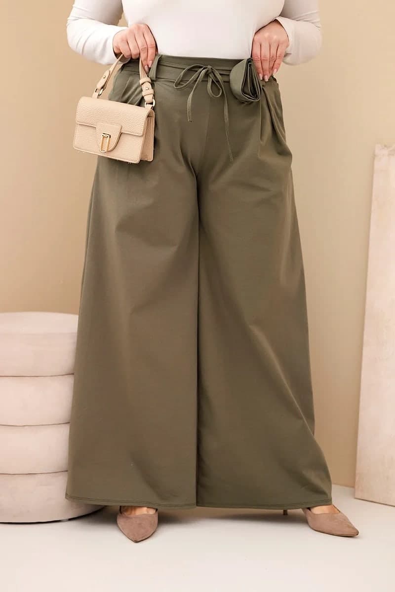 Dámské bavlněné kalhoty plus size s širokou nohavicí Nortia, barva Khaki