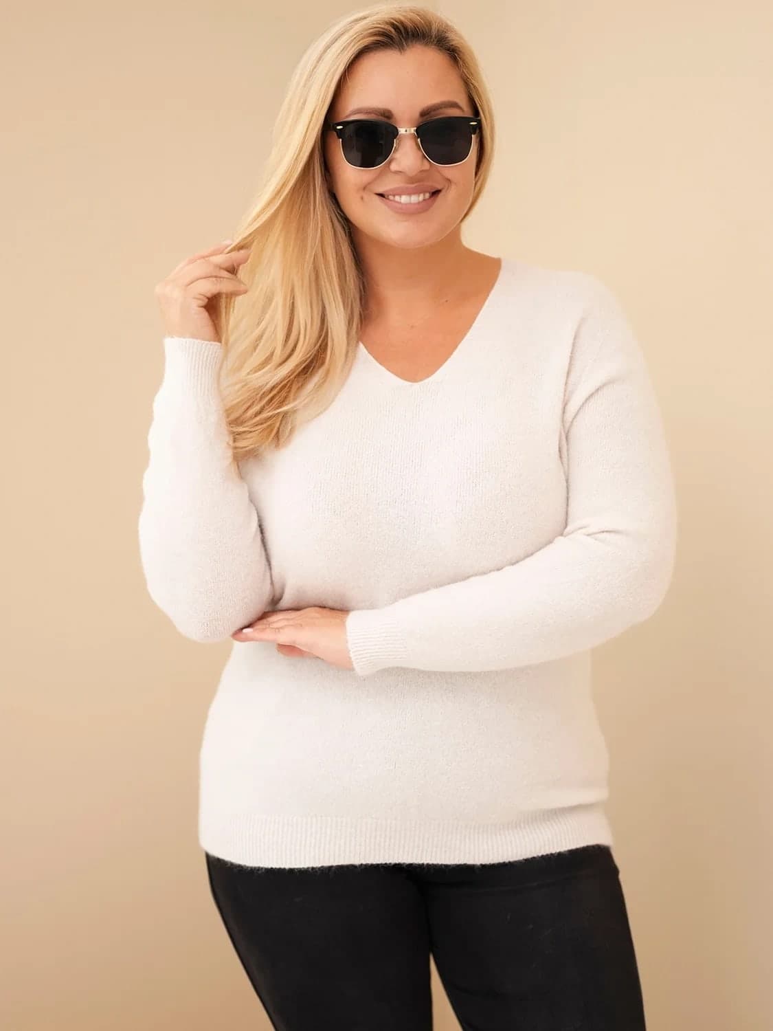 Dámský svetr z baby alpaky s dlouhým rukávem Plus Size Cachemire, barva Béžový