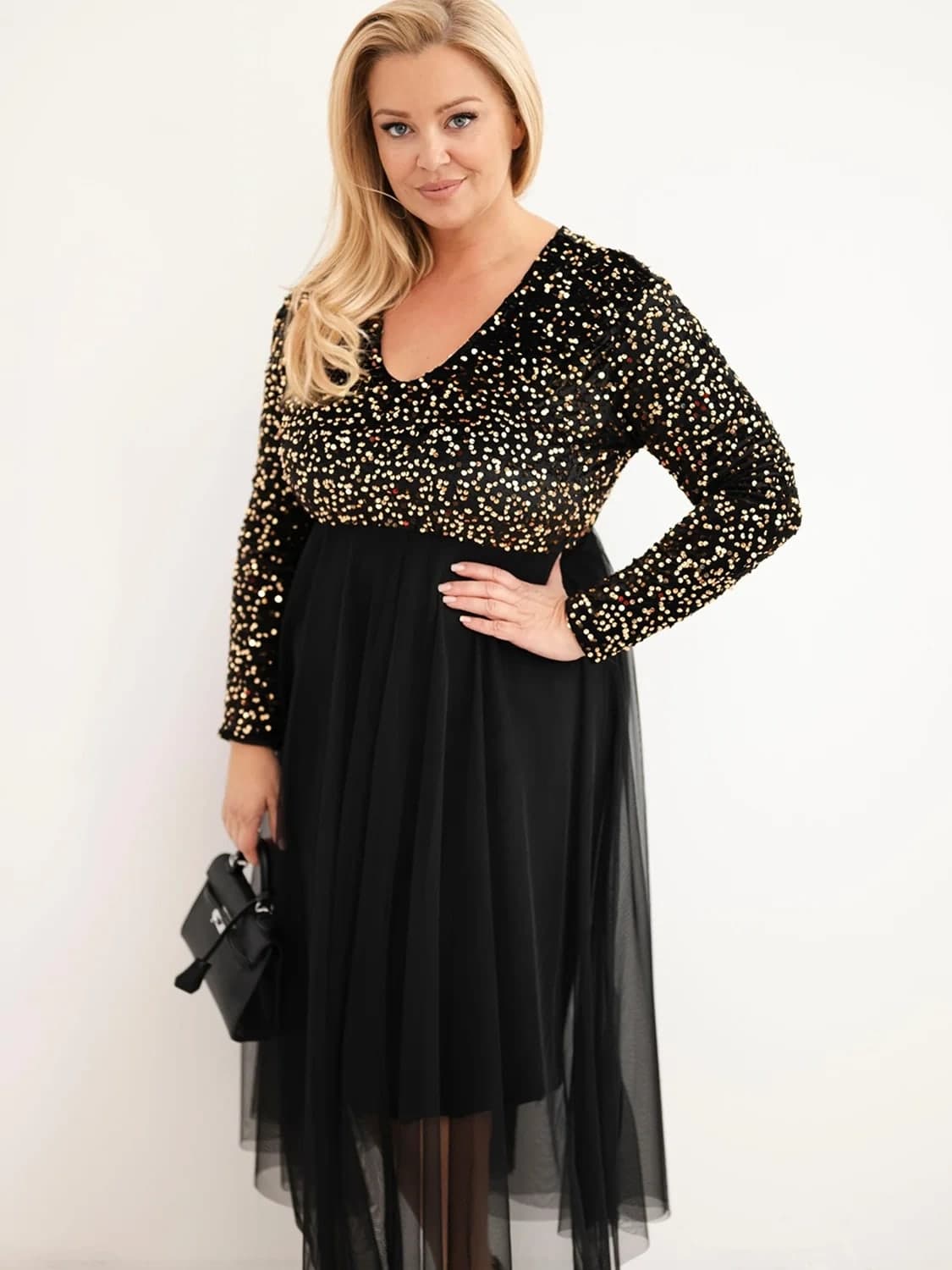 Dámské maxi šaty Plus Size s flitry a tylovou sukní Onice, barva Černo-zlatá