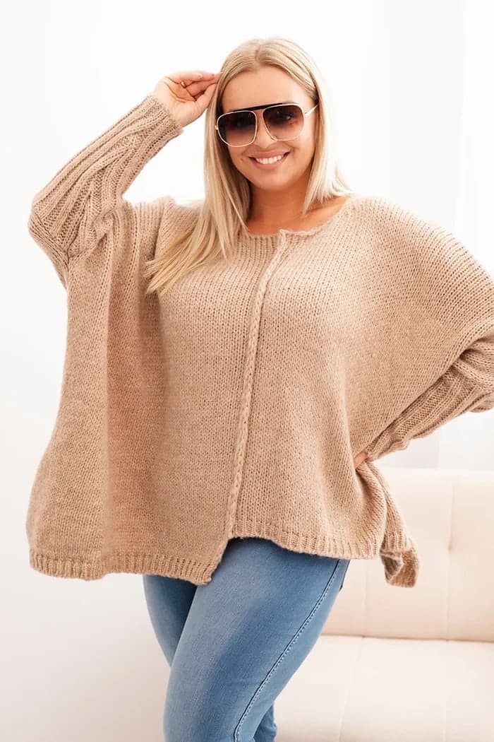 Dámský akrylový oversize svetr s 3/4 rukávy Araceli, barva Camelový