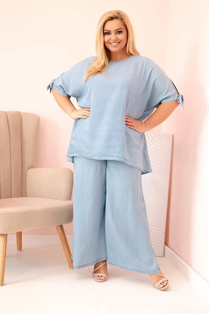 Komplet damski tencel oversize Plus Size Preludio, barva Světlá džínová