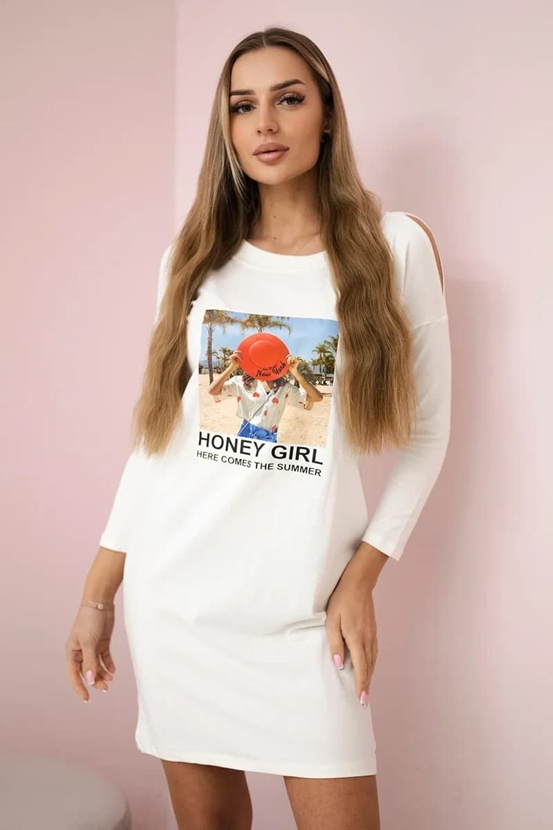 Sukienka damska bawełniana z nadrukiem Honey girl Carrara, barva Ecru
