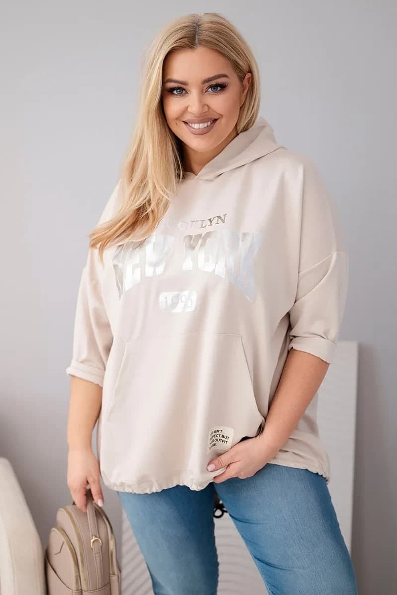 Dámská viskózová mikina s kapucí Plus Size Agnese, barva Béžový