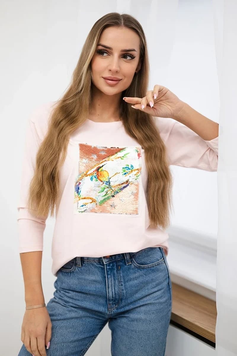 Bluzka damska bawełniana z grafiką 3D Bird Tulle, barva Pudrová růžová