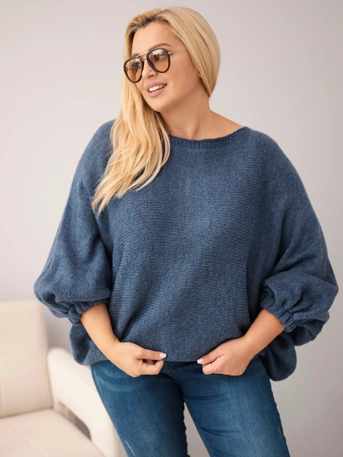 Dámský akrylovo-vlněný volný svetr Plus Size Benedetta, barva Džínová