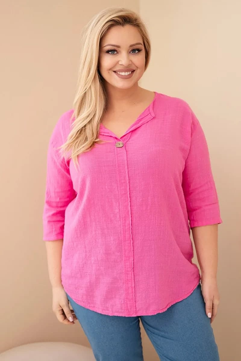 Dámská bavlněná halenka plus size s výstřihem Emmanuelle, barva Růžová