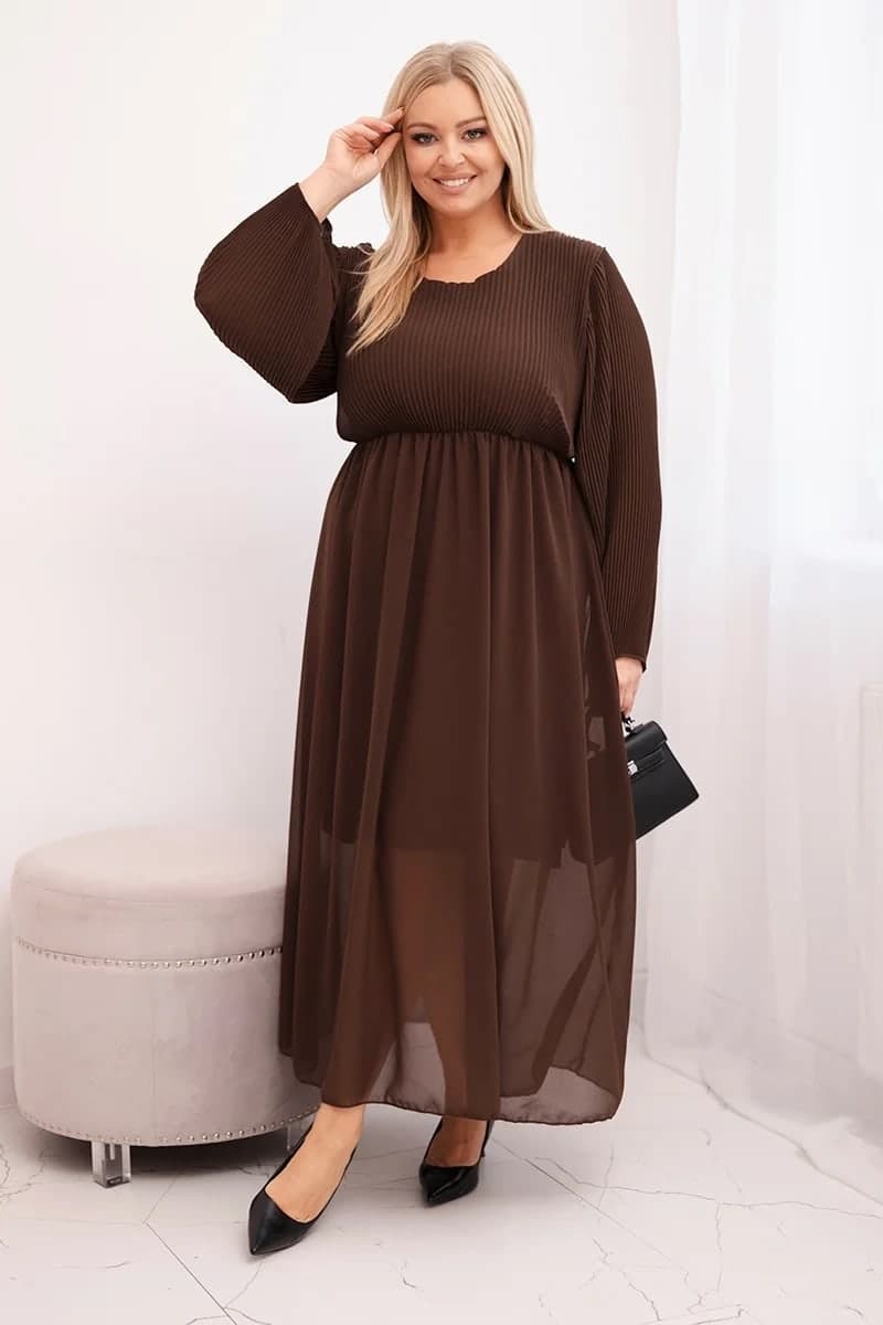Dámské plisované viskózové šaty Plus Size Felicitas, barva Hnědý