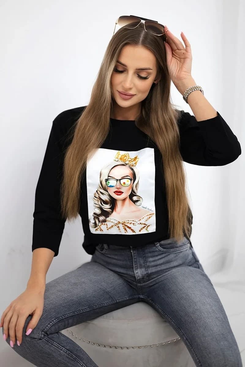 Bluzka damska bawełniana z grafiką Rebecca, barva Černý