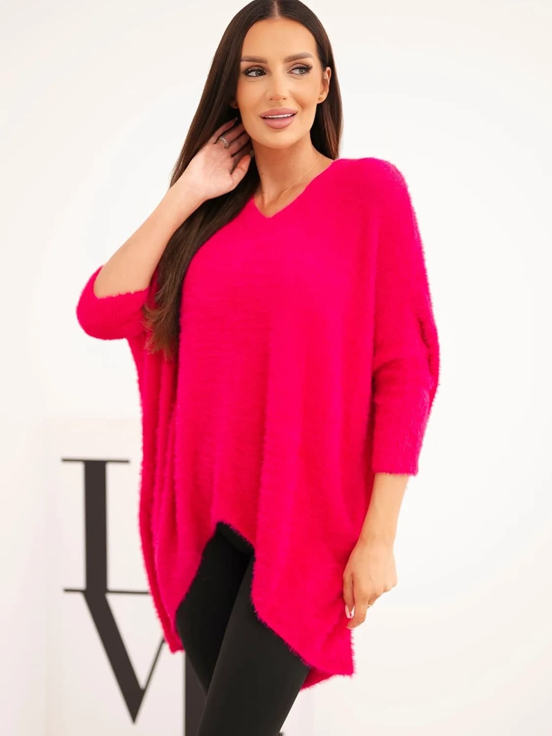 Sweter damski poliamidowy plus size z dekoltem V Chamonix, barva Fuchsiový