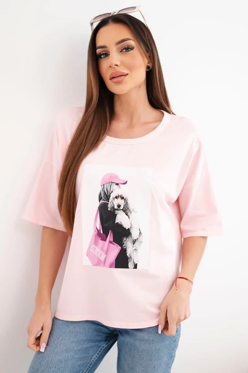 Dámská bavlněná oversize halenka s potiskem Amalia, barva Pudrová růžová