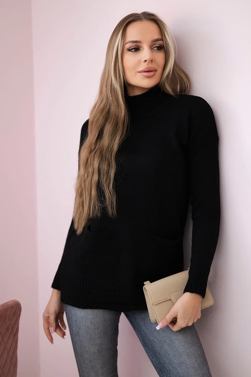 Sweter damski wełniany z kołnierzem ze stójką Salomé, barva Černý