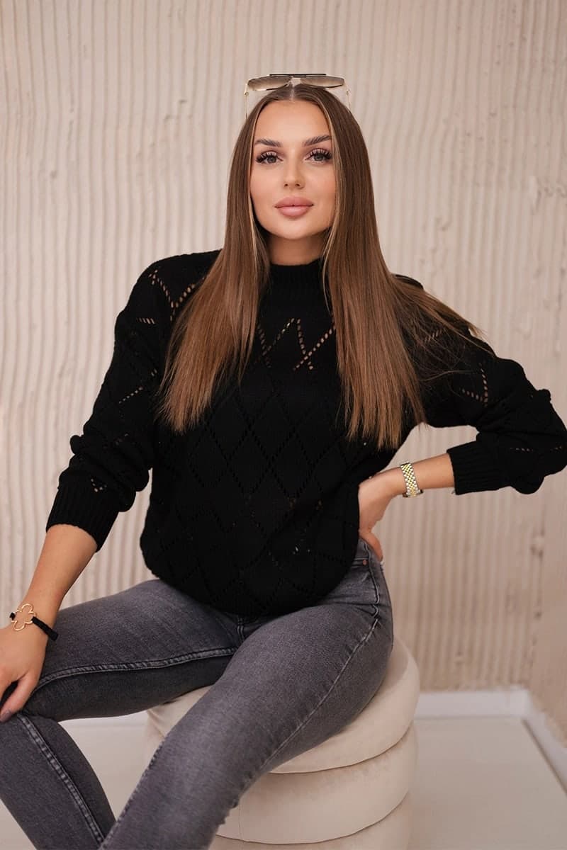 Sweter damski wełniany z półgolfem i wzorem w romby Erice, barva Černý