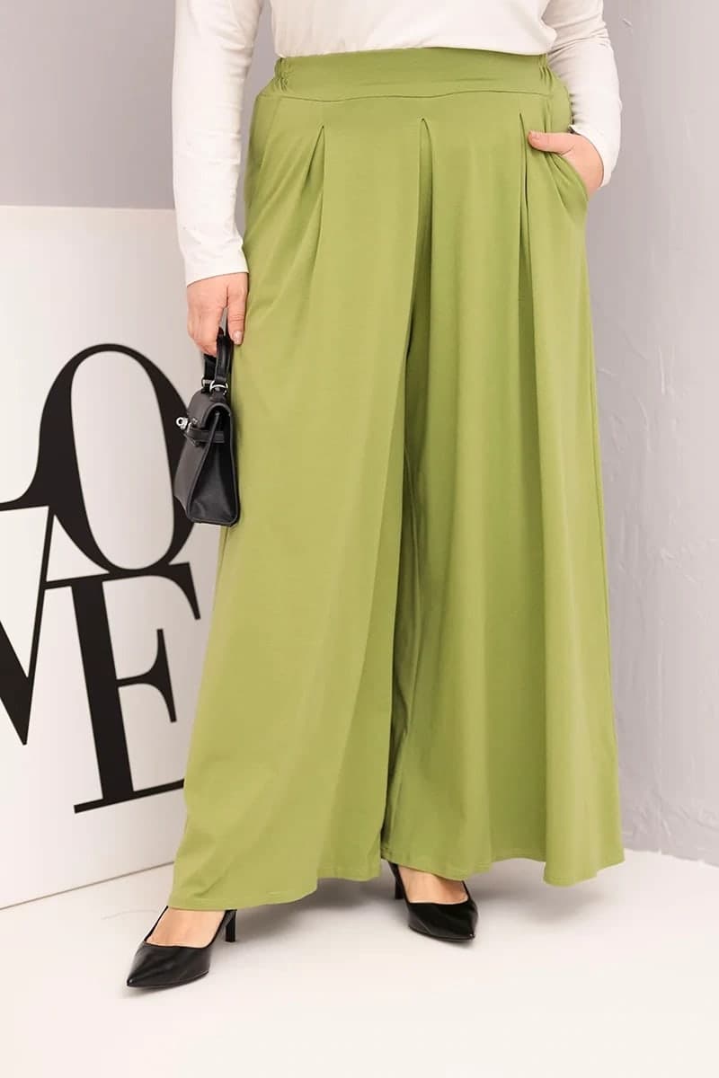 Dámské bavlněné kalhoty plus size s širokou nohavicí Manuela, barva Pistáciová