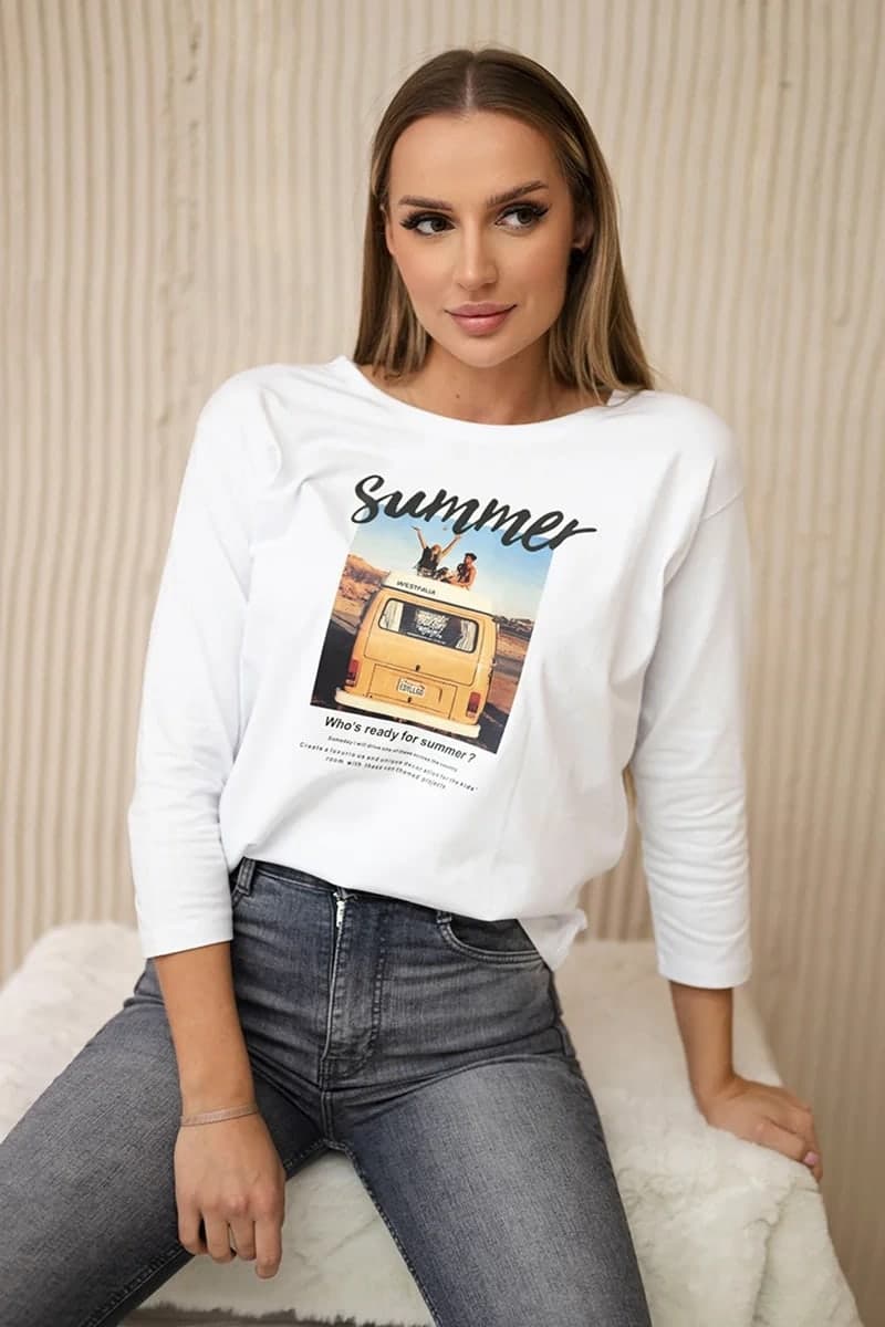 Bluzka damska bawełniana z nadrukiem Summer car Acantha, barva Bílý
