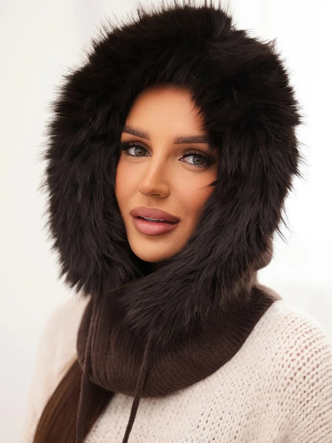 Dámská viskózová čepice s kožešinou a zavazováním Intreccio, barva Hnědý