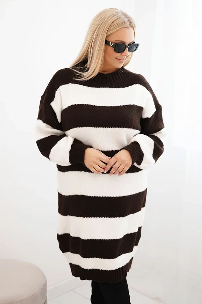 Dámské svetrové šaty plus size s proužky Meraviglia, barva Hnědý
