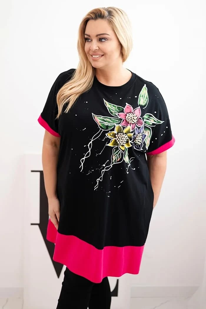 Bluzka damska bawełniana plus size z perełkami Cyrielle, barva Fuchsiový
