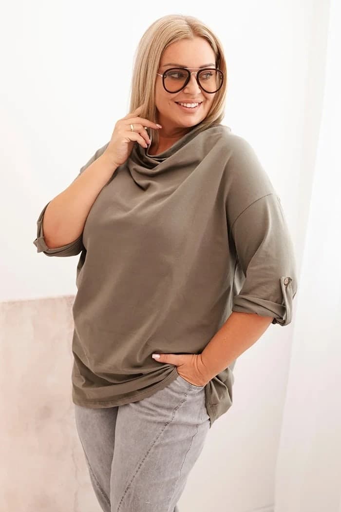 Dámská bavlněná halenka plus size s vodovým výstřihem Rosanna, barva Khaki