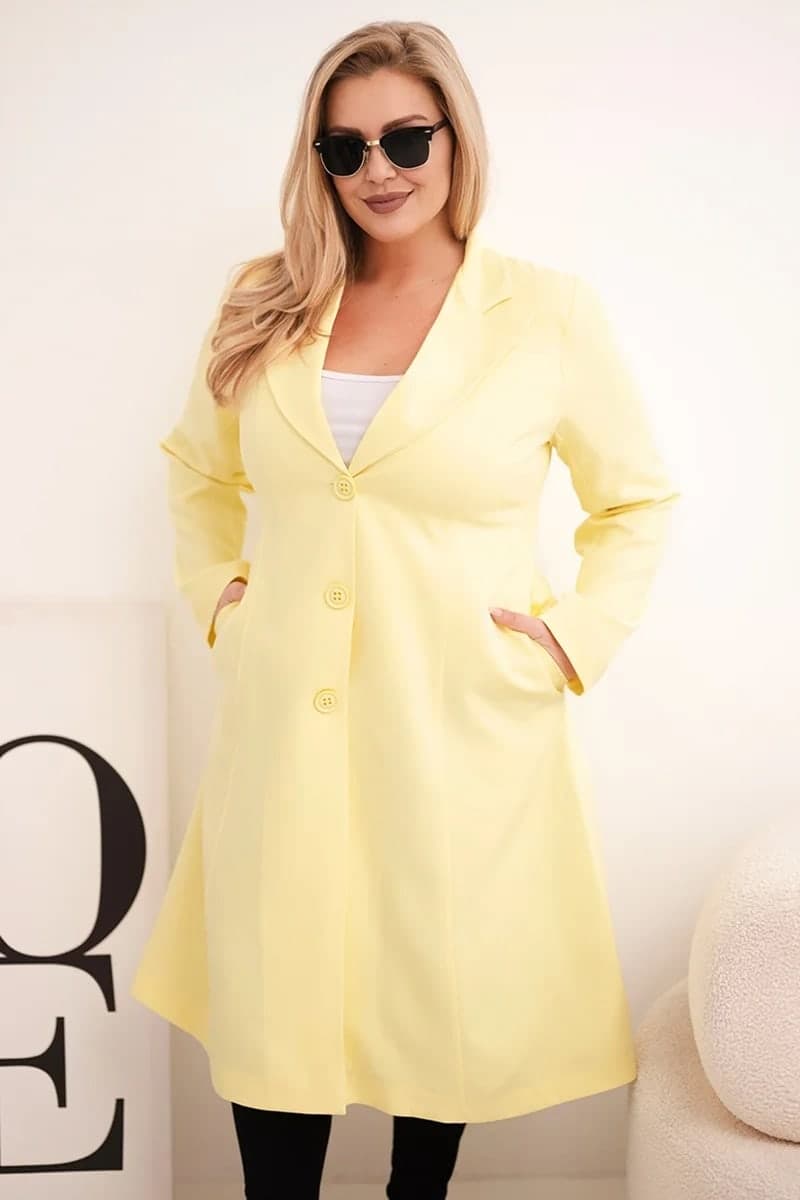 Dámský klasický polyesterový kabát Plus Size Emozione, barva Žlutý