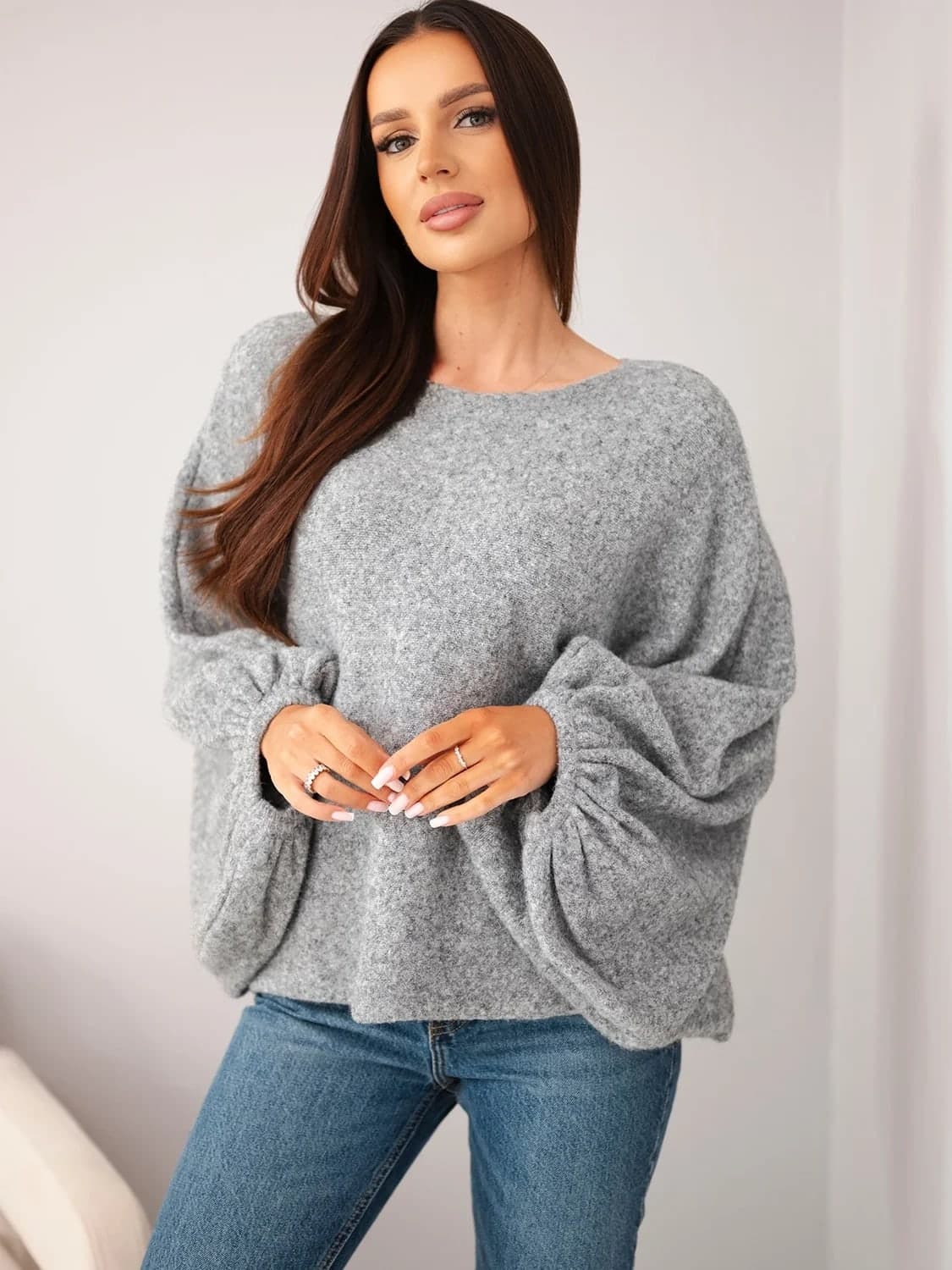 Dámský svetr s příměsí alpaky oversize Marsala, barva Šedý