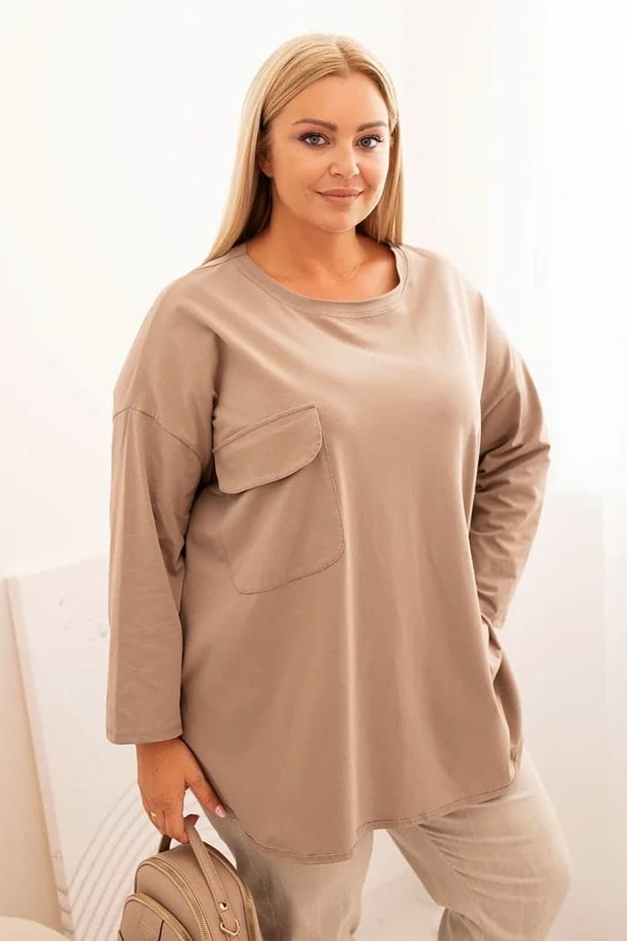 Dámská bavlněná plus size halenka s kapsou Fátima, barva Fango