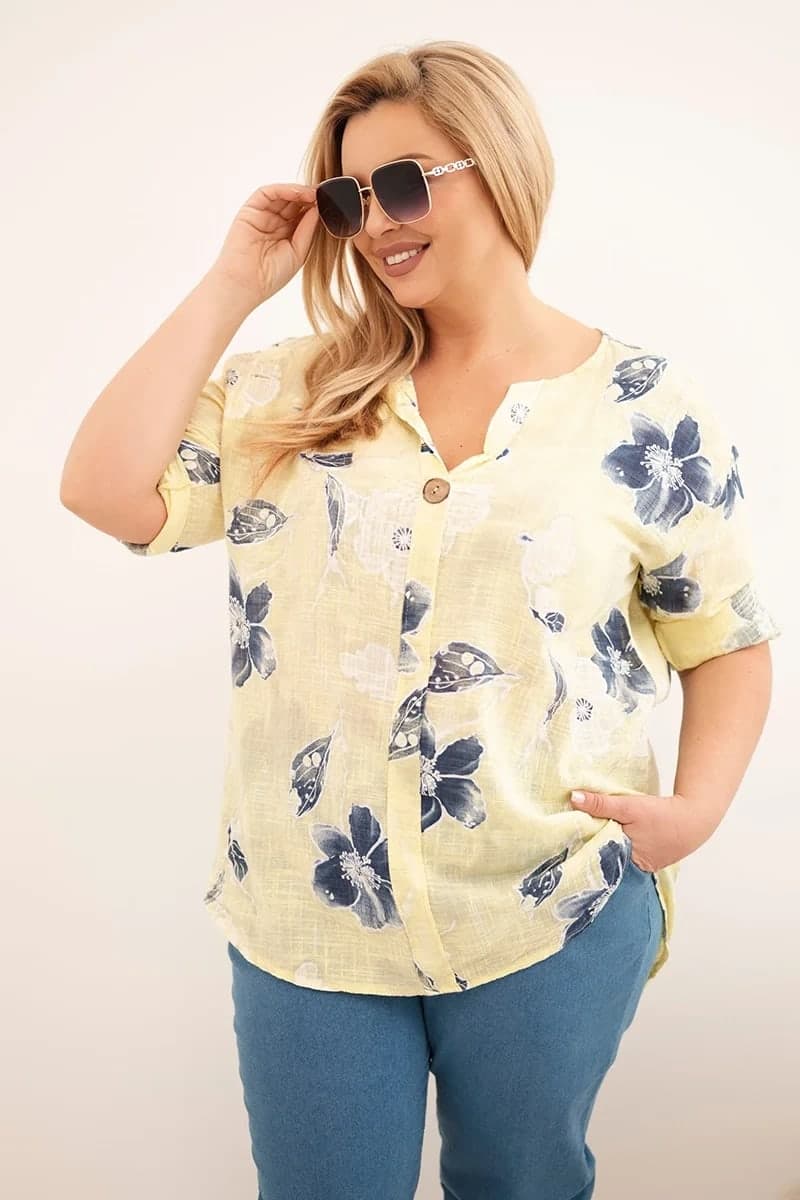 Dámská bavlněná plus size halenka s asymetrickým spodkem Paola, barva Žlutý