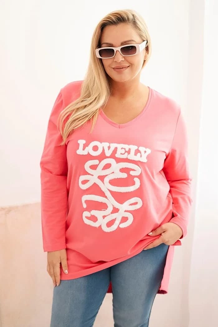 Bluzka damska bawełniana z dekoltem V Plus Size Yvette, barva Růžová