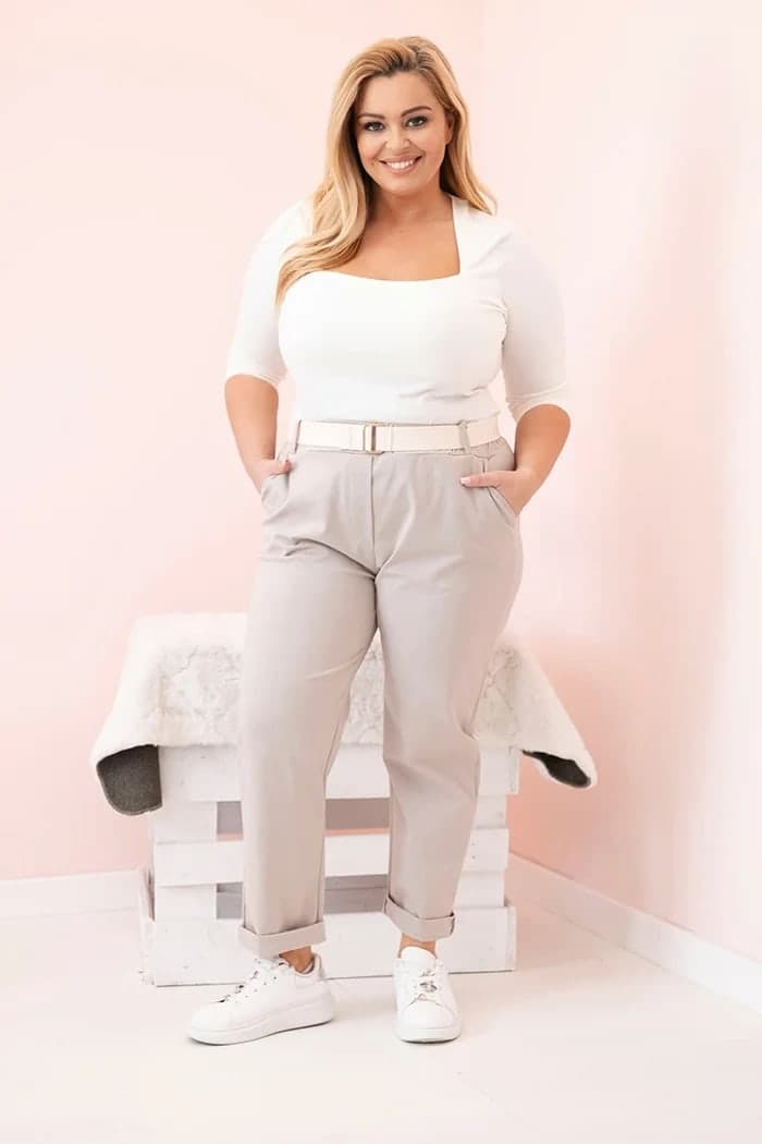 Dámské bavlněné kalhoty plus size s páskem Charline, barva Tmavě béžový