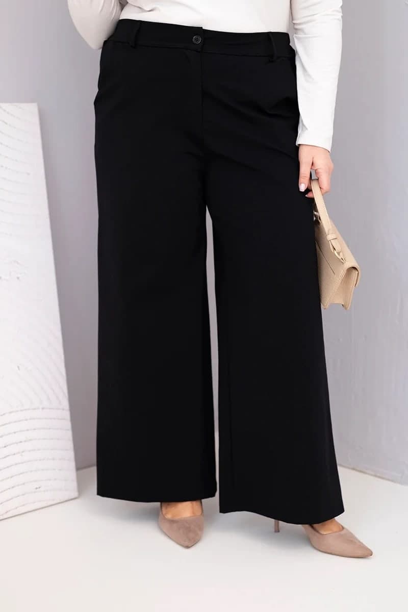 Dámské bavlněné kalhoty plus size se širokou nohavicí Ginevra, barva Černý