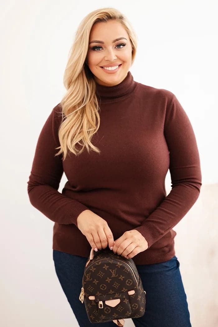 Dámský viskózový svetr plus size s rolákem Velo, barva Hnědý