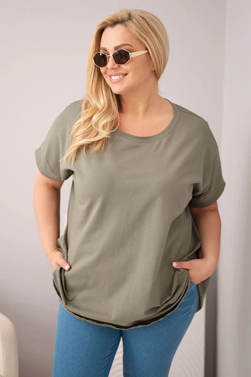 Dámská bavlněná halenka plus size s krátkým rukávem Timea, barva Khaki