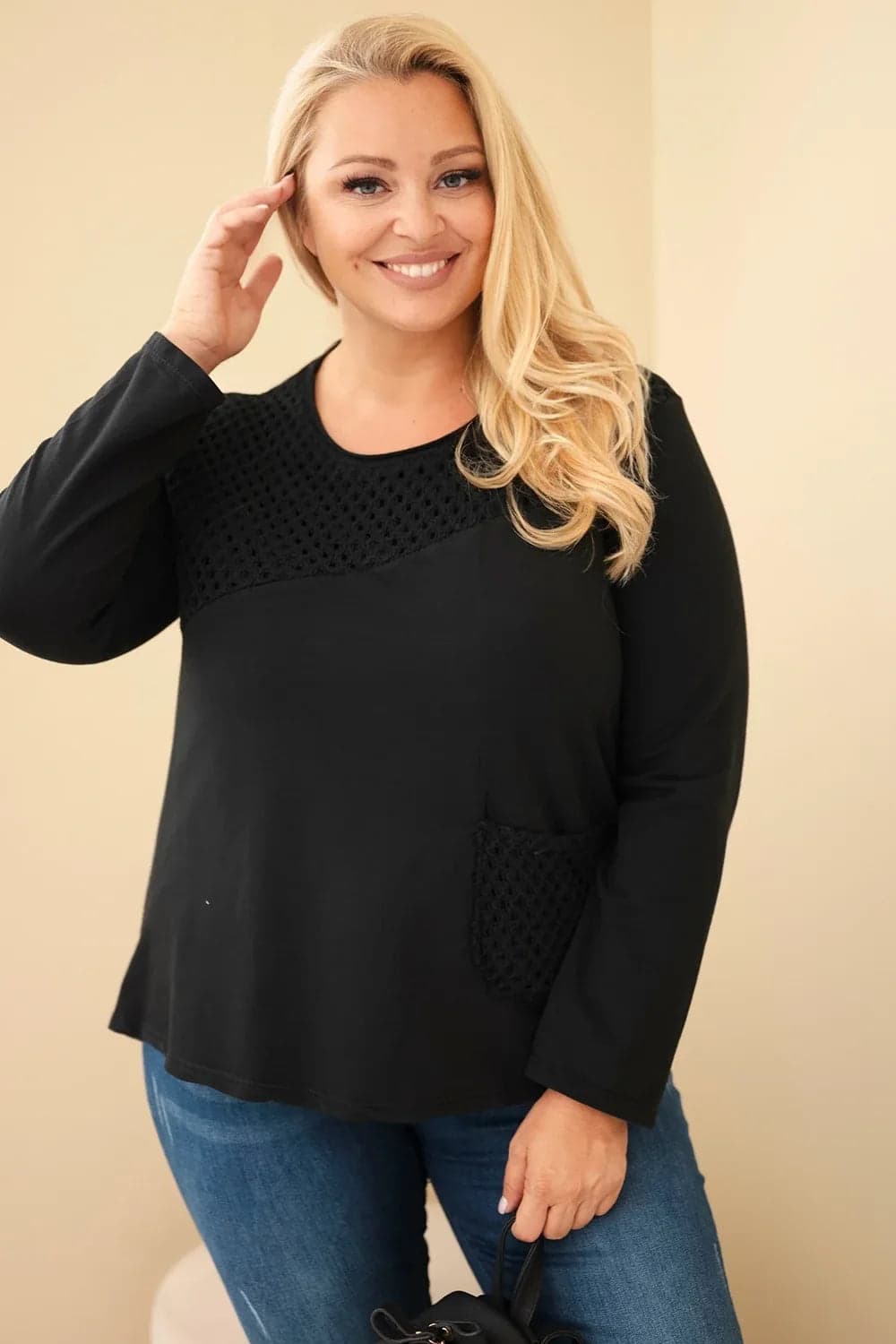 Dámská bavlněná mikina s krajkovými vsadkami Plus Size Juliette, barva Černý