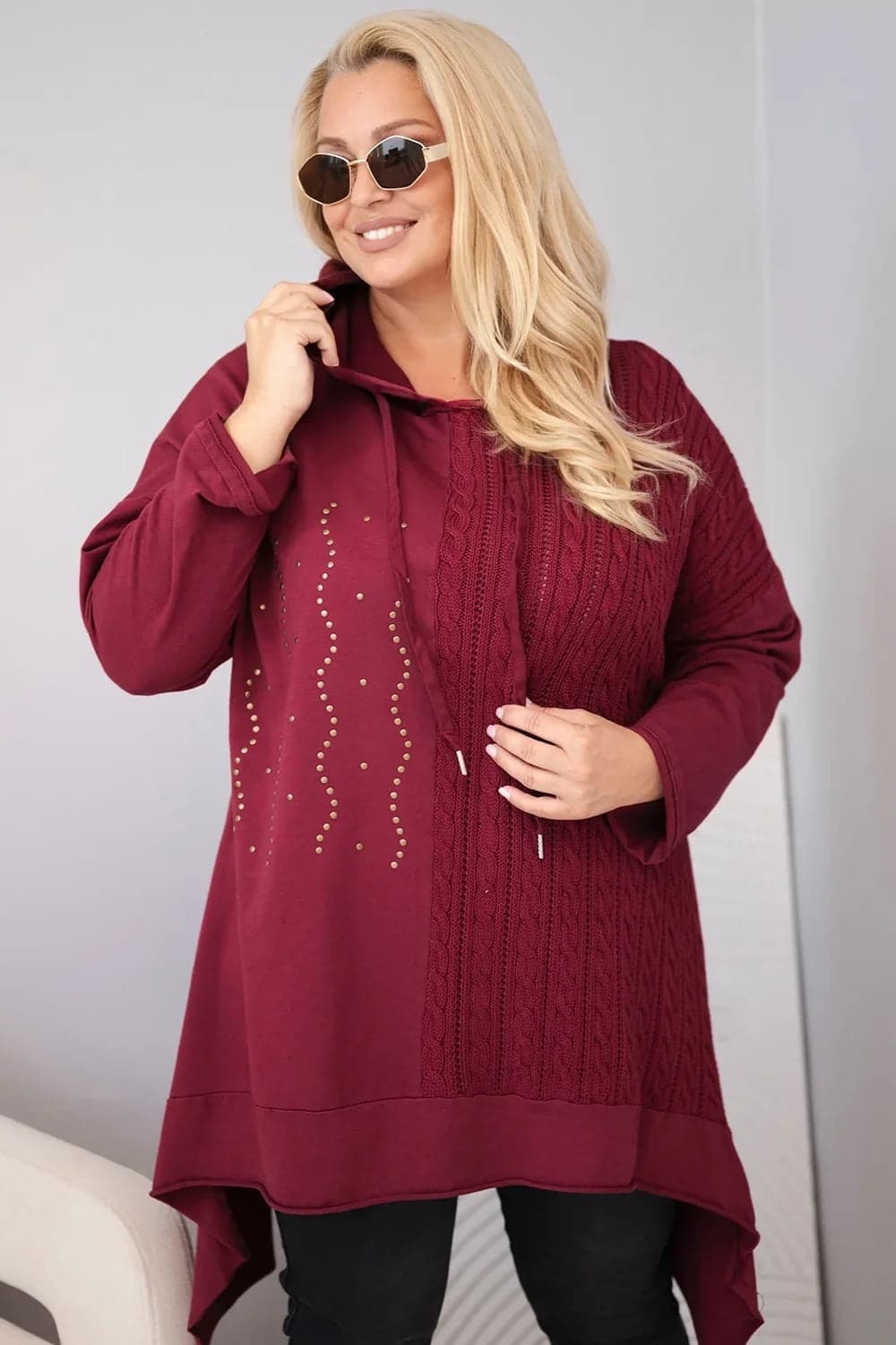 Dámská bavlněná mikina plus size s kapucí Colette, barva Vínový